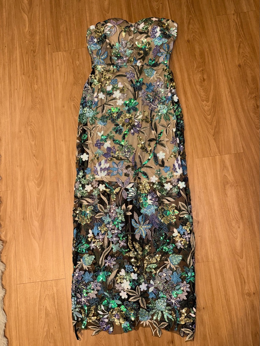 Lune Eclat Strapless Sequin Floral Evening Gown in Green and Black